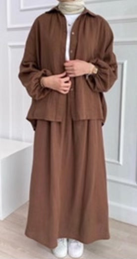 Brown Muslin Shirt & Skirt Set